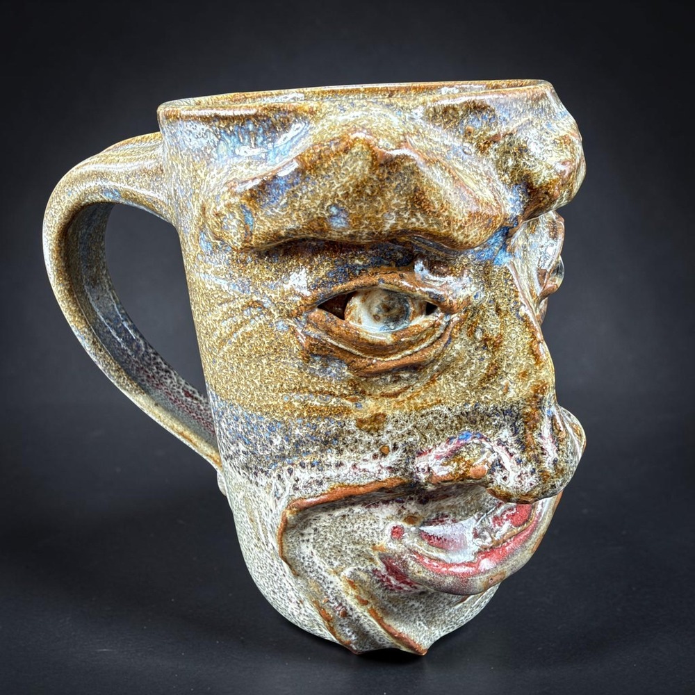 Studio Pottery Ugly Face Mug Handcrafted Stoneware Folk Art Glazed Brown Blue
